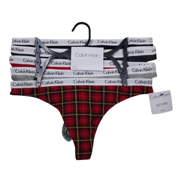 Calvin Klein 5 Pack Cotton Thong Panties BoyShorts Medium Gray Red Plaid $65 - Picture 1 of 7